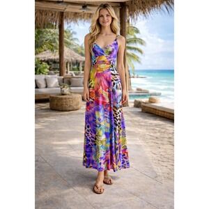 Y2K Colorful Patchwork Maxi Dress Animal Print Resort Travel‎ Strappy EU40 US8